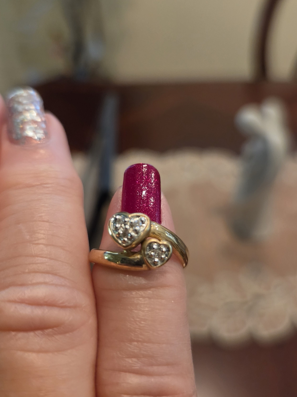 14K Gold Double-Heart Ring With Diamond Accents